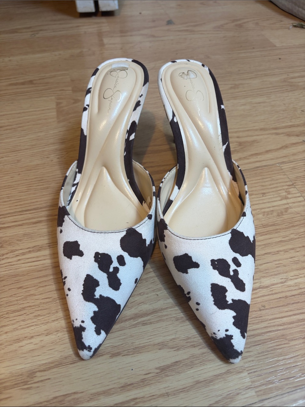 Jessica Simpson Black and White Cow Print Pointed Toe Slip-On Mules